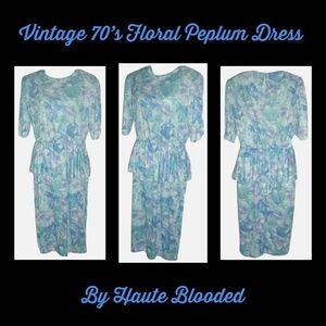 Vintage 70's TF Floral Peplum Dress Carrie Bradshaw Vibe Blue Flower Cottagecore